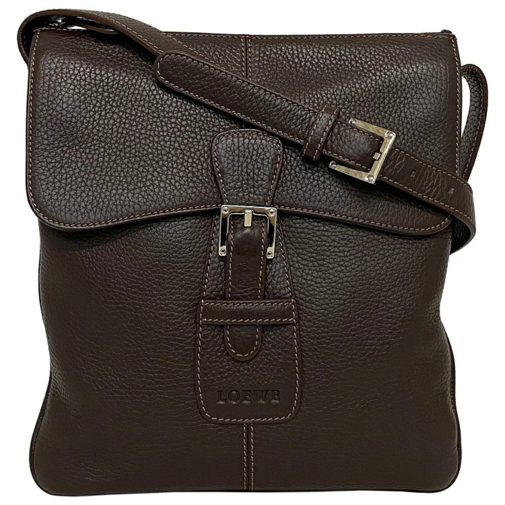 Loewe Shoulder Bag Brown Silver Zipper Flap Crossbody Belt Strap Slim Handbag